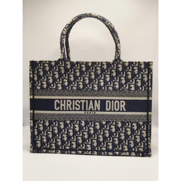 Pre-owned Christian Dior Oblique Embroidery Medium Book Tote Blue - Picture 2 of 12